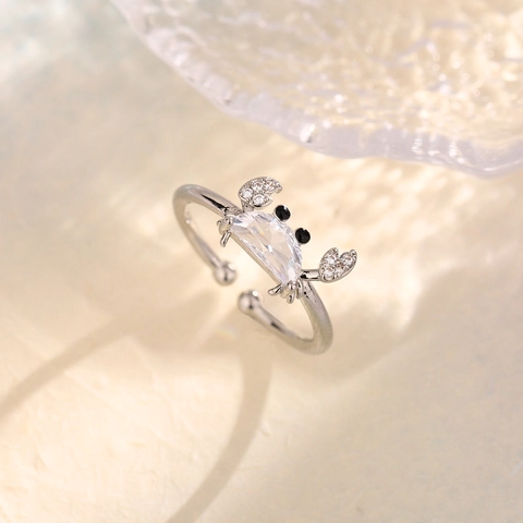 Marine Animal Crab Ring Copper With Clear Zircon Sparkling Micro Pave Adjustable Open Cuff Finger Jewelry For Women