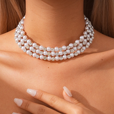 Gargantilla Perlas Artificiales Imitación Tres Capas Vintage Diamantes Imitación Barroco Joyería Elegante Para Mujer Boda