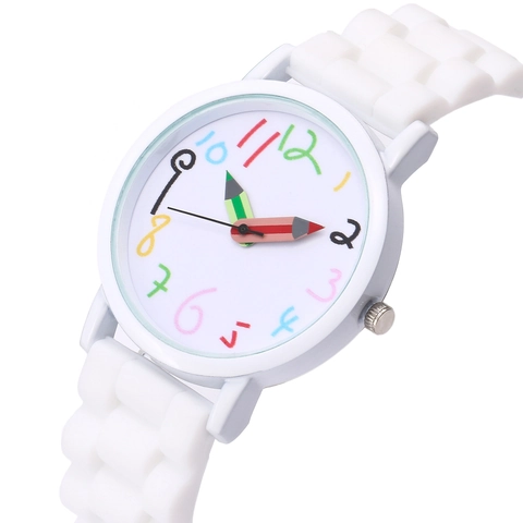 Cute Cartoon Pencil Hands Children Quartz Watch Multicolor Numbers Silicone Strap Kids Analog Wristwatch For Boys Girls