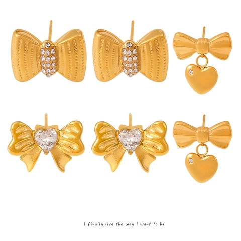 Orecchini a Bottone a Forma di Fiocco e Cuore in Acciaio Inossidabile per Donna Placcati in Oro Argento Eleganti Strass Pietra di Vetro Gioielli Moda