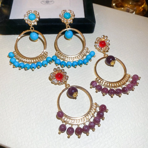 Pendientes De Aro Boho Aleación Pedrería Cuentas De Piedra Con Poste De Plata De Ley 925 Mujer Estilo Étnico Retro