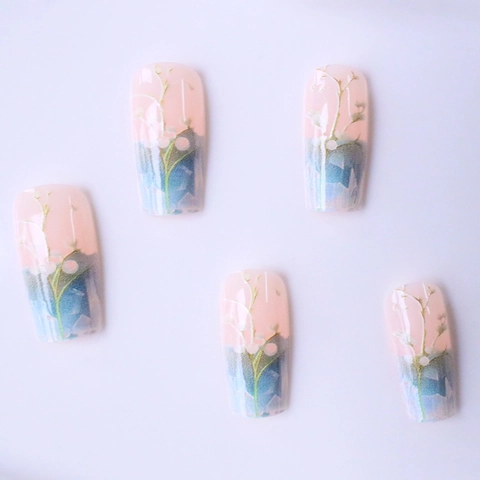 Press On Nails With 3D Gold Butterfly And Artificial Pearl Flowers Blue Gradient French Long Square ABS False Nails For Women