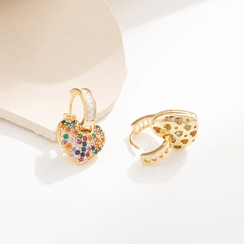 Heart Dangle Earrings Gold Plated Copper Colorful Cubic Zirconia Pave Huggie Hoop Elegant Fashion Jewelry For Women