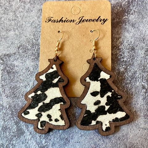 Weihnachtsbaum Ohrhänger Holz Leder Pferdehaar Leopard Kuhmuster Boho Western Urlaub Schmuck Für Damen