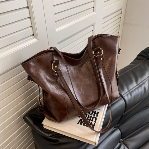 Dames Grote Capaciteit PU Leer Tote Bag Vintage Mode Woon Werkverkeer Schoudertas Met Stiksel Detail Casual Dagelijkse Tas