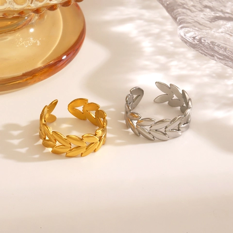 Anello Foglia Di Spiga Di Grano In Acciaio Inossidabile Aperto Regolabile Placcato Oro 18K Gioielli Moda Per Donna