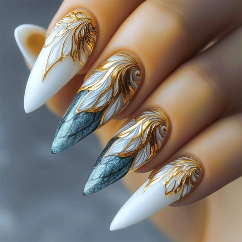 Faux Ongles Blanc Or Gilded Lignes 3D Relief Goutte De Eau Amande Élégant Luxe Style Français Manucure