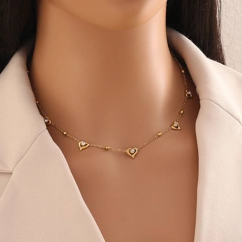 Herz Anhänger Halskette Edelstahl Vergoldet Perlenkette Strass Zierlicher Minimalistischer Schmuck Damen