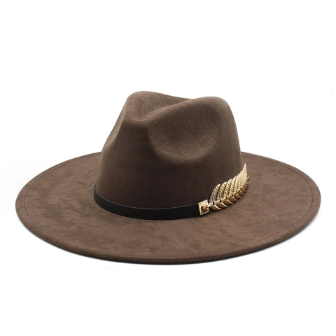 Mode Vintage Fedora Hut Mit Breiter Krempe Für Damen Wildleder Polyester Jazz Hut Mit Goldblatt Dekoration Eleganter Hut