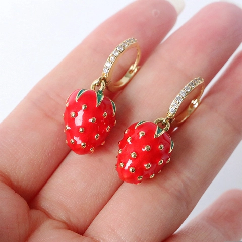 Lindos Pendientes de Aro de Cobre con Fruta Fresa Cereza y Diamantes de Imitación para Mujer Accesorios de Joyería de Moda