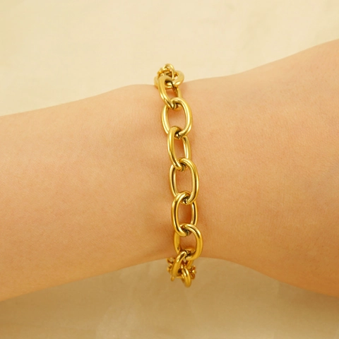 Bracelet Chaîne Double Couche En Acier Inoxydable Plaque Or Gros Maillons Ovales Ajustable Bijoux Mode Minimaliste