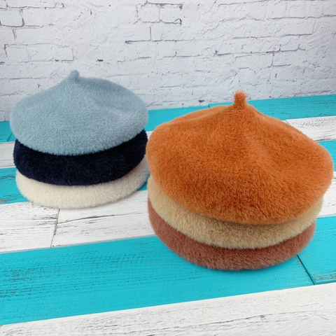 Women Beret Hat Faux Rabbit Fur Plush Fuzzy Soft Warm Autumn Winter Korean Style Painter Pumpkin Cap Solid Color Headwear