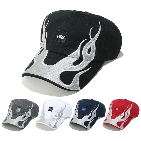 Cotton Baseball Cap With Flame Embroidery Fire Patch Hip Hop Streetwear Vintage Adjustable Hat For Men Women