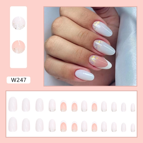 Kunstnagels Om Op Te Drukken Witte French Tip Gradiënt Amandelvorm Glitter Elegant Voor Dames