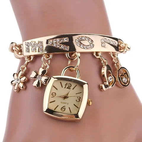Elegant Women Bangle Watch Alloy Square Dial With Dangling Charms Heart Flower Rhinestone Inlaid Fashion Casual Wristwatch