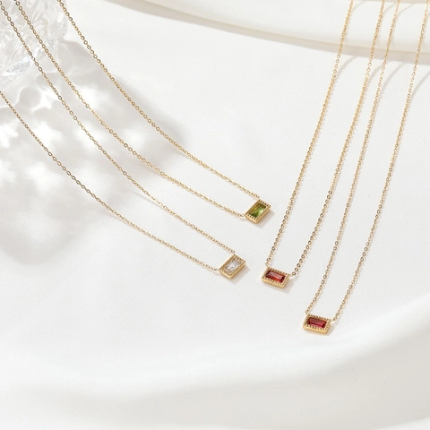 Rectangle Gemstone Pendant Necklace Stainless Steel Gold Plated Milgrain Edge Retro Minimalist Jewelry For Women