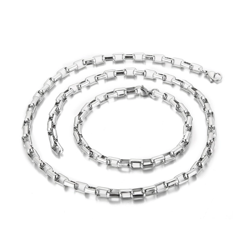 Men Classic Stainless Steel Box Chain Necklace And Bracelet Set Minimalist Square Link Personal Jewelry Gift