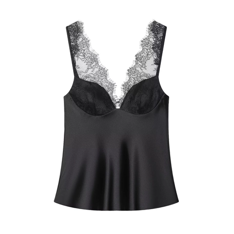 Women Lace Trim Satin Camisole V Neck Adjustable Straps Ruffle Hem Sexy Party Nightclub Elegant Top Black