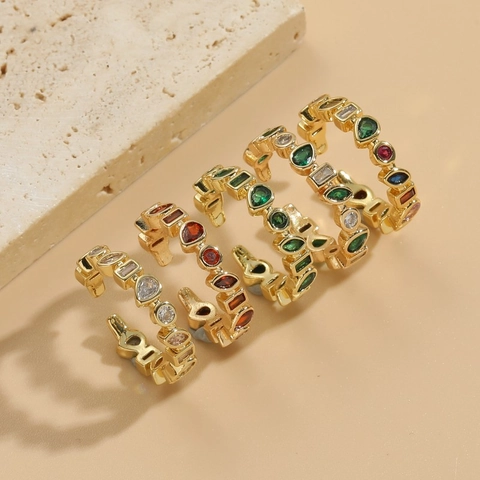 Anelli Aperti Geometrici Rame Placcato Oro 14K Zirconi Colorati Regolabile Gioielli Di Moda Vintage Per Donna