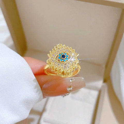 Evil Eye Sonnenstrahl Rotierender Ring Messing Vergoldet Zirkonia Verstellbar Offener Schmuck Boho Ethnisch Damen