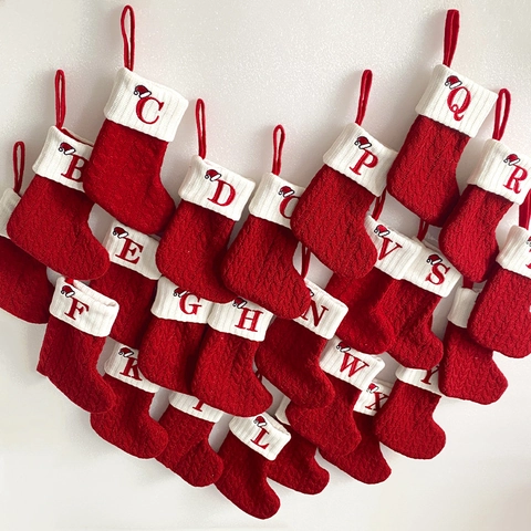 Knitted Christmas Stockings Alphabet Letter Embroidered Cable Knit Holiday Hanging Tree Decoration Red White