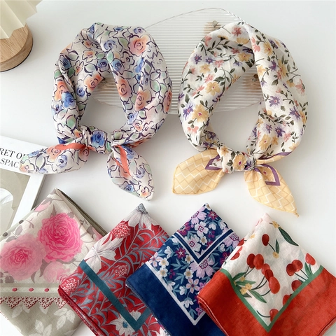 Floral Square Scarf Bandana Polyester Printed Retro Neck Scarf For Women French Style Elegant Lightweight