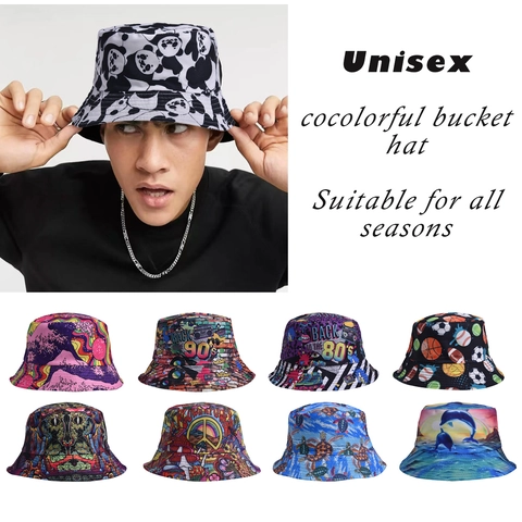 Unisex Omkeerbare Vissershoed Katoen Polyester Bedrukt Graffiti Panda Dolfijn Zonbescherming Outdoor Zomer Mode