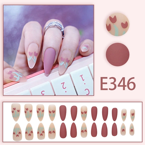 Press On Nails Lange Amandelvorm Mat Rozerood Tulp Bloem Print Zoete Ins Stijl Kunstnagels Voor Vrouwen