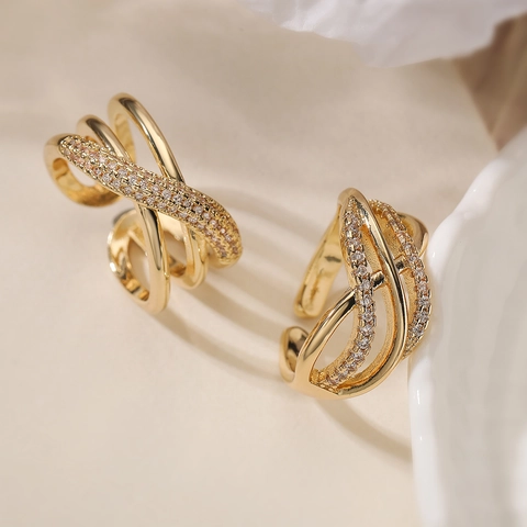 Hollow Geometric Open Ring Copper Zircon Gold Plated Multi Layer Cross Line Fashion Jewelry For Women