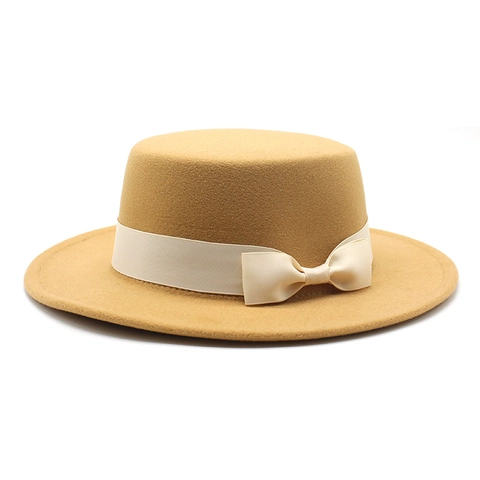 Boater Hat Wool Felt Flat Brim Wide Rim Bow Ribbon Decor Vintage Jazz Fedora For Women Men Autumn Winter