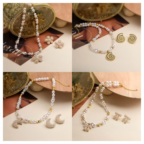 Artificial Pearl Necklace And Earrings Jewelry Copper Shell Conch Floral Bow Vintage Elegant Women Marine Theme Accessory