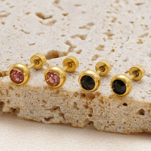 Orecchini A Lobo Rotondi Con Strass Acciaio Inossidabile Placcato Oro 18K Geometrici Chiusura A Vite Per Donna