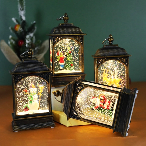 Weihnachts Schneekugel Laterne Wassergefüllt LED Beleuchtet Retro Bronze Tischdeko Weihnachtsmann Schneemann Rentier