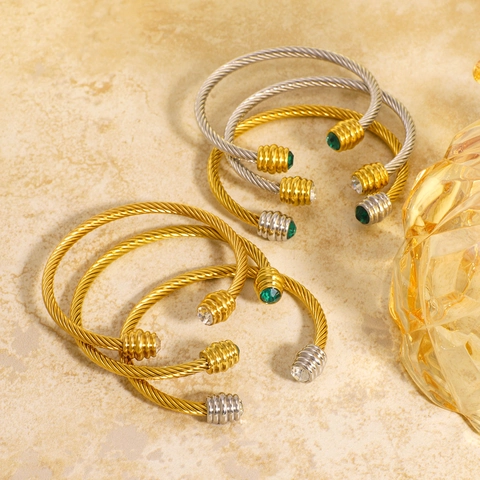 Stainless Steel Twisted Cable Open Cuff Bracelet 18K Gold Plated Bangle With Gemstone Inlay Waterproof Hypoallergenic Women