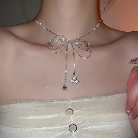 Stainless Steel Bowknot Necklace Heart Star Pendant Transparent Glass Beaded Clavicle Chain Elegant Women Jewelry