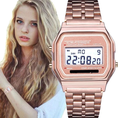 Vintage Digital Watch LED Backlight Stainless Steel Strap Multifunction Alarm Chronograph Water Resistant Unisex Retro
