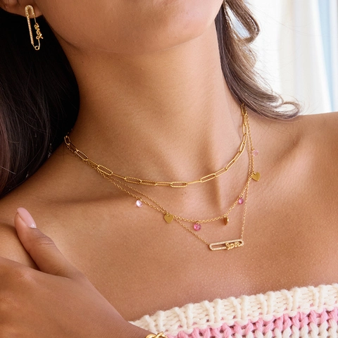 Collana con Pendente a Cuore e Lettera Love in Acciaio Inossidabile Placcato Oro 18K Spilla di Sicurezza Strass Gioielli Donna