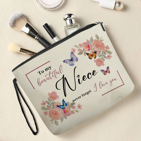 Neceser Maquillaje Floral Lino Bolsa Cosmética Cremallera Regalo Sobrina Viaje Organizador Aseo Mariposa Beige