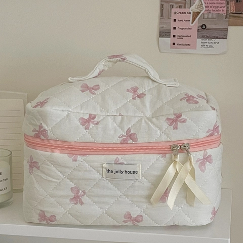 Gewatteerde Bowknot Make Up Tas Zoete Polyester Satijn Bloemenprint Reis Toilettas Waspouch Organizer Vrouwen Studenten