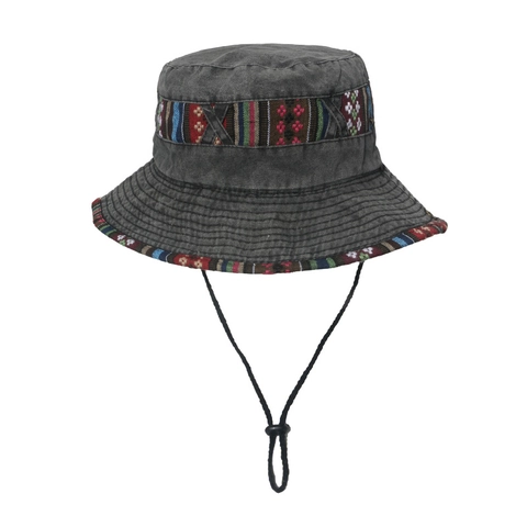 Chapeau Bob En Toile Lavée Large Bord Bande Ethnique Boonie Hat Cordon Réglable Randonnée Pêche Style Vintage