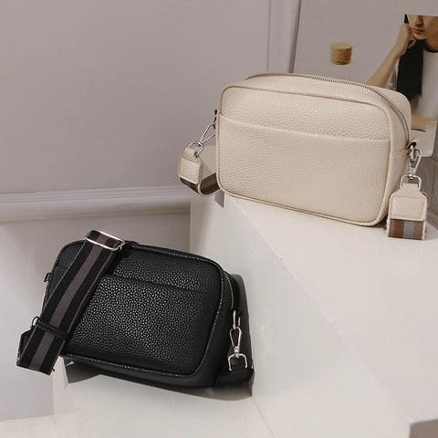 Sac Bandoulière Femme Cuir PU Texture Litchi Large Bandoulière Rayée Petit Sac Caméra Carré Mode Urbaine Décontractée
