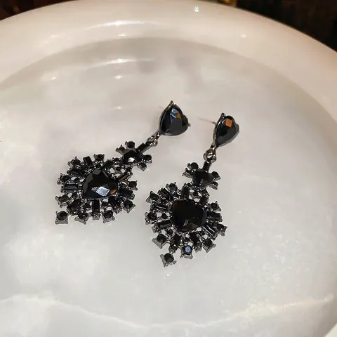 Black Heart Dangle Earrings With Black Rhinestones And 925 Sterling Silver Earring Post Gothic Vintage Baroque Style