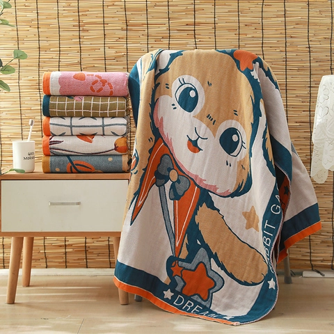 Large Cotton Gauze Bath Towel Multilayer Soft Absorbent Beach Towel Vintage Floral Cartoon Print Multifunctional