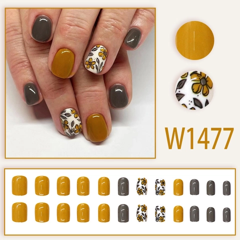 Press On Nails Short Square Retro Mustard Yellow Dark Grey White Floral Design Glossy Full Cover Fake Nails With Glue