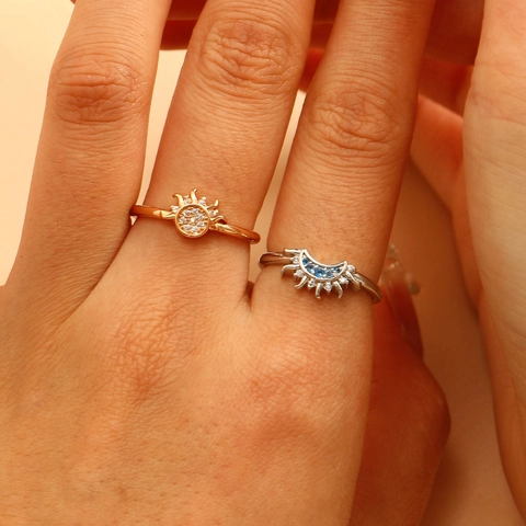 Celestial Sun And Moon Matching Couple Rings Set Adjustable Gold Silver Plated Copper Rhinestone Open Rings Jewelry For Couples