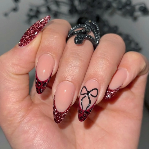 Faux Ongles Amande Motif Léopard Nœud 3D Bordeaux Rose Paillettes Luxe Style Français Pour Femmes
