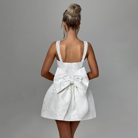 Mini-Jacquard-Kleid Damen Eckiger Ausschnitt Ärmellos A-Linie Rückenfrei Elegant Party Wear Mit Großer Schleife