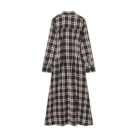 Vestido Camisero A Cuadros Manga Larga Mujer Botonadura Cintura Alta Plisado Vestido Midi Estilo Retro Casual Poliéster