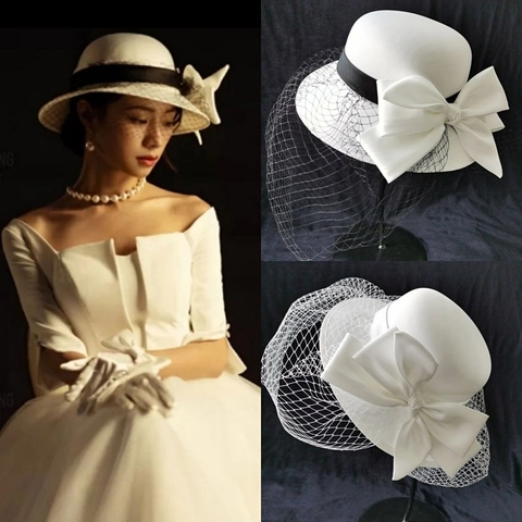 Chapeau Fascinator Pillbox Vintage Avec Voile En Maille Grand Nœud En Satin Élégant Mariage Mariée Coiffe Pour Femmes