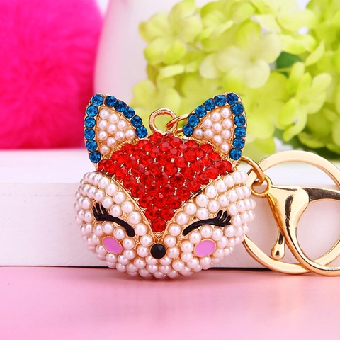 Cute Rhinestone Fox Head Keychain For Women Zinc Alloy Artificial Pearl Animal Bag Charm Metal Key Chain Ring Gift